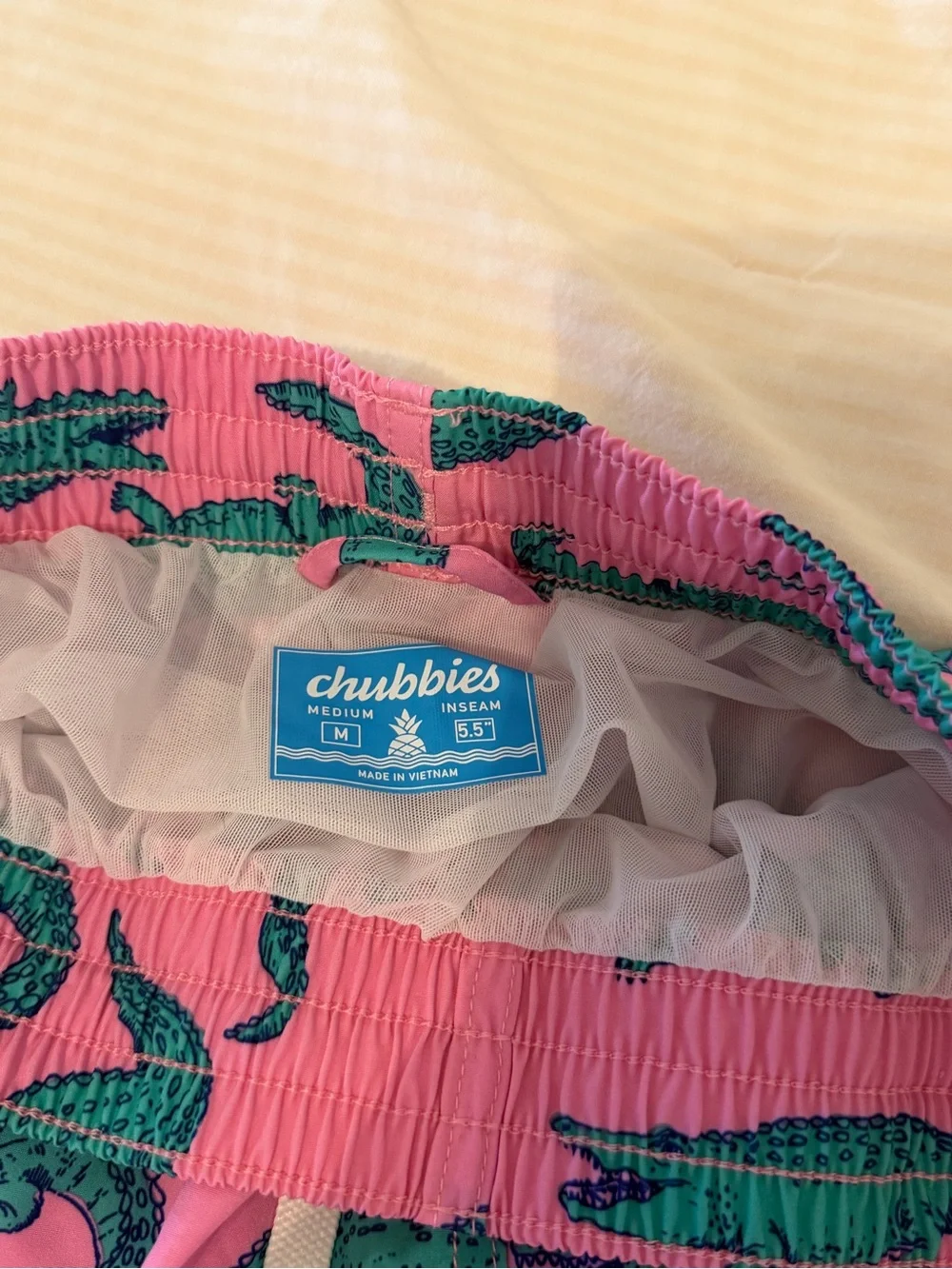 chubbies Pink Swim Trunks with Teal Alligator Print